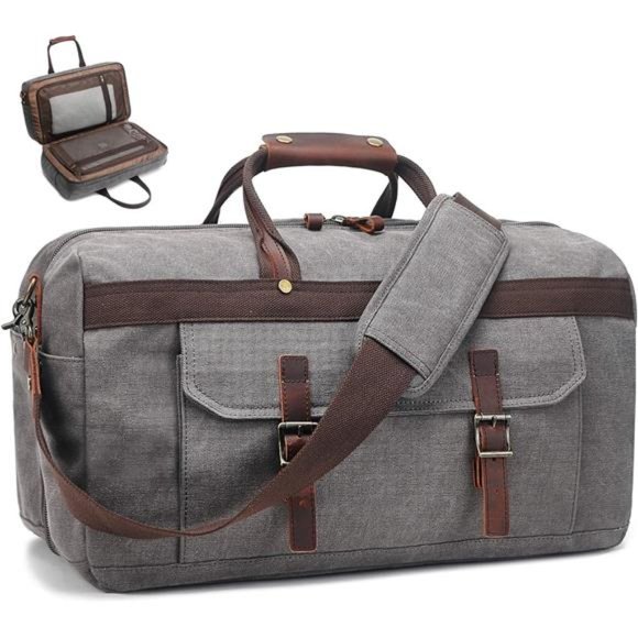 Duffle Bag for Men Waterproof Genuine Leather Canvas Travel Duffel Bags, Grey